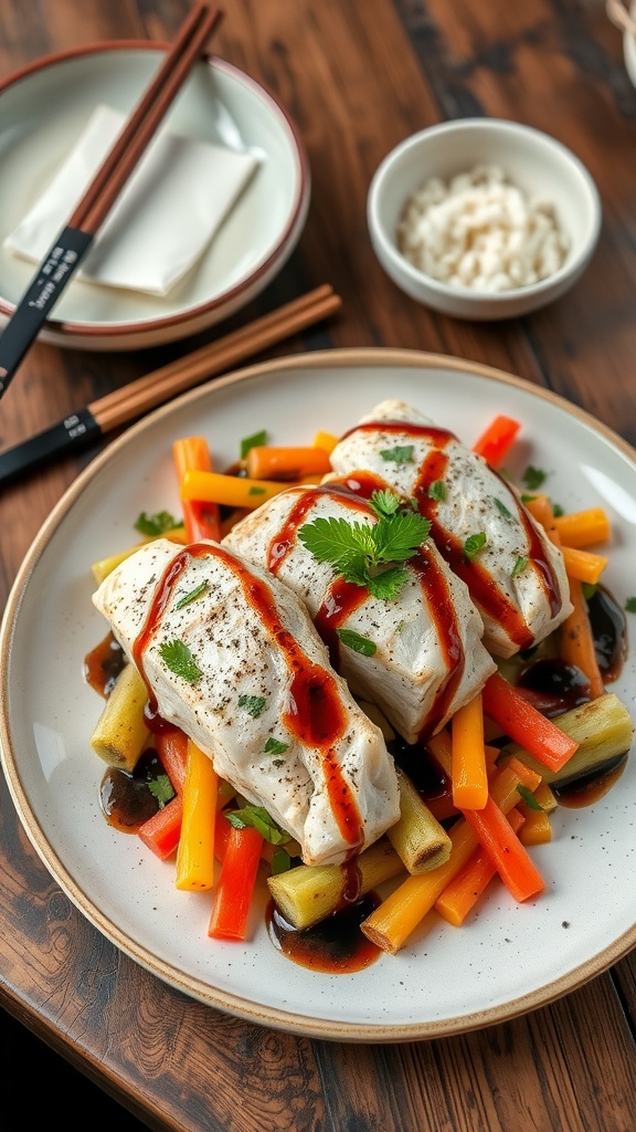 Deliciously Baked Kujira Yokai Baked kujira yokai served with mixed vegetables and garnished with herbs on a rustic table.